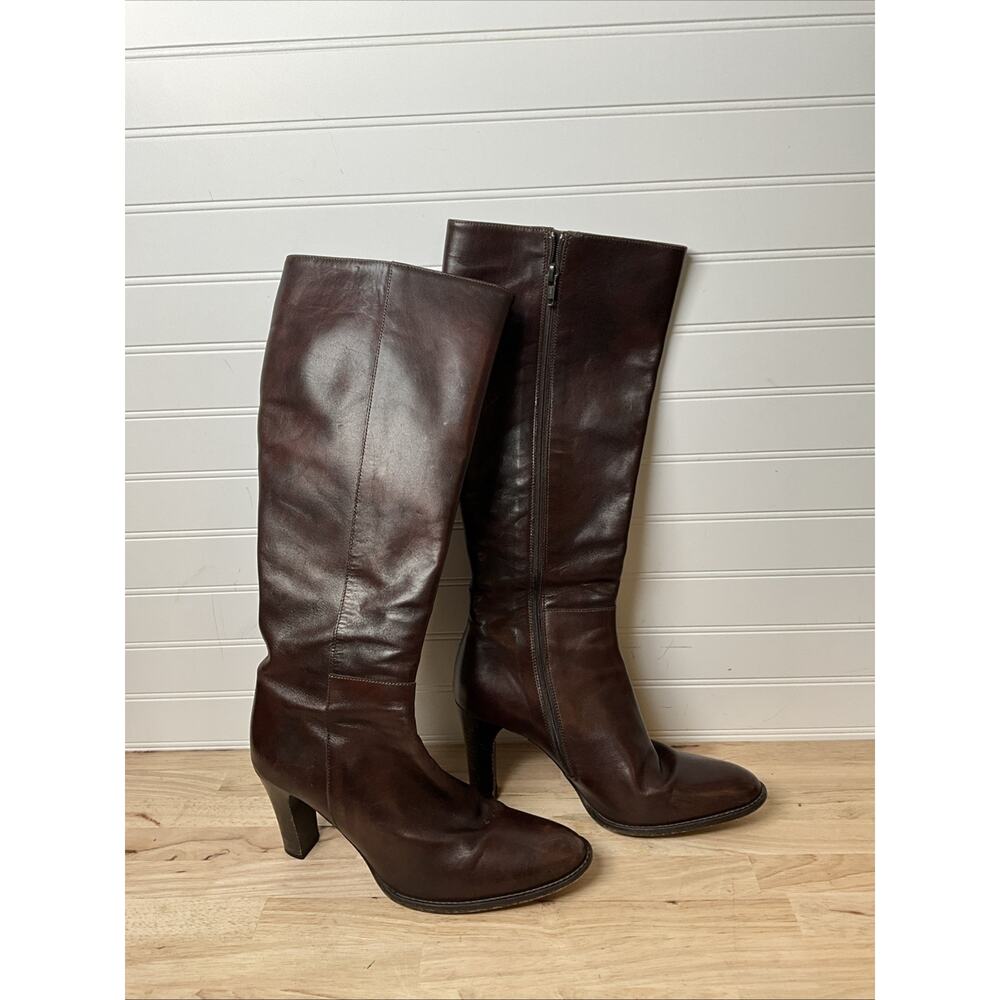 Women's 7 H J Crew Tall Leather Boots Italy - BROWN 3" Heel Zip-Up